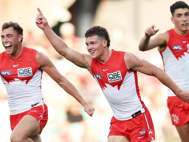 Tom Hanily enjoys his first goal as a Swan.