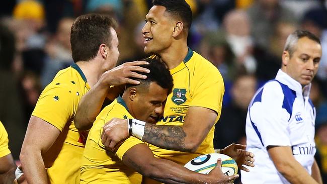 Will Genia and Israel Folau during happier times in the Wallabies jersey. Picture: Mark Nolan/Getty Images