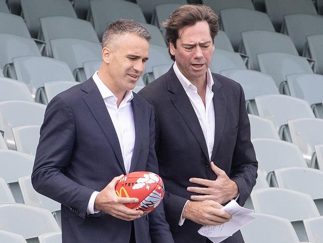 ADELAIDE, AUSTRALIA - APRIL 12: Gillon McLachlan, CEO of the AFL and the Premier of South Australia Peter Malinauskas during the Official Gather Round Media Opportunity at Adelaide Oval, Adelaide, on April 12, 2023 in Adelaide, Australia. (Photo by Sarah Reed/AFL Photos via Getty Images)