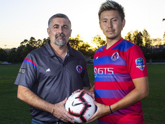 New Nerang coach Dave Benigno with Kobayashi. Picture: Luke Sorensen