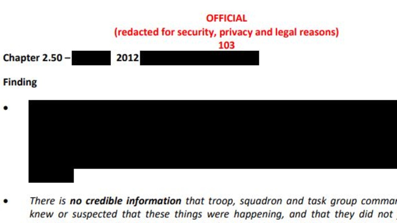 Some of the highly redacted report. Picture: ADF