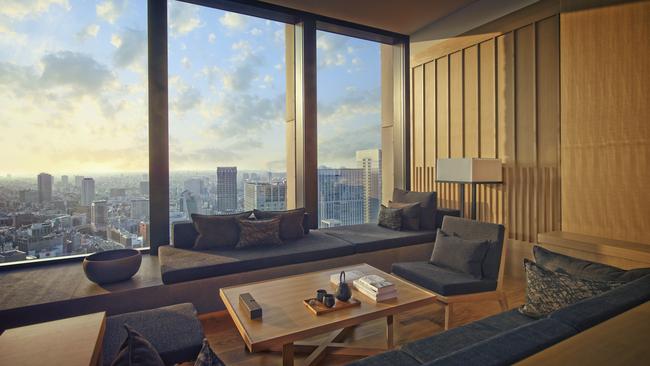 The living area of a premier room at Aman Tokyo.