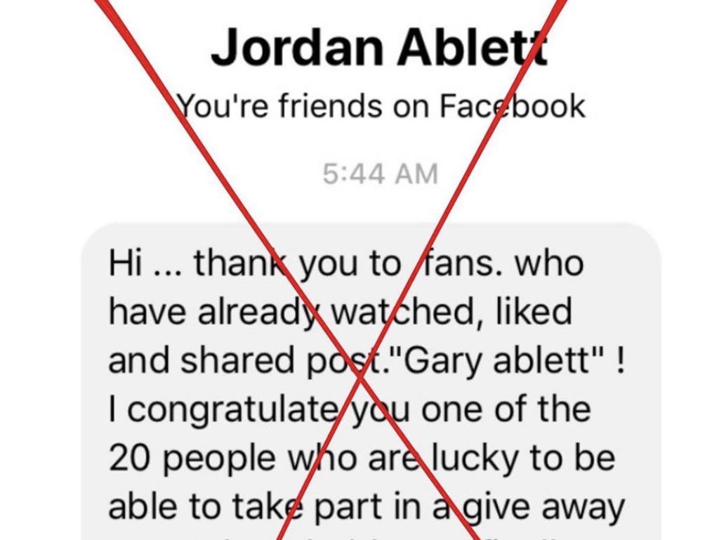 Jordan Ablett has been impersonated by a fake on Facebook