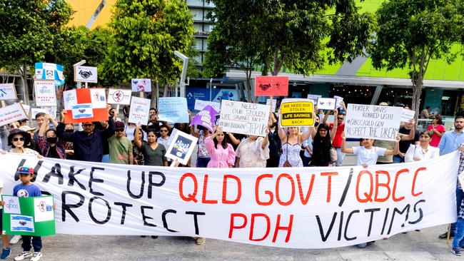 Customers of collapsed builder Porter Davis protest in the Brisbane CBD. Picture: Richard Walker