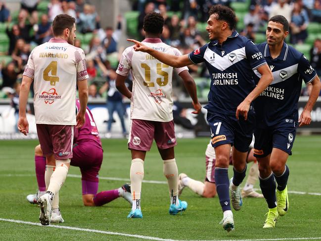 Nishan Velupillay, pictured celebrating a goal for Melbourne Victory, is one of seven Socceroos in the A-Leagues. Picture: Getty Images