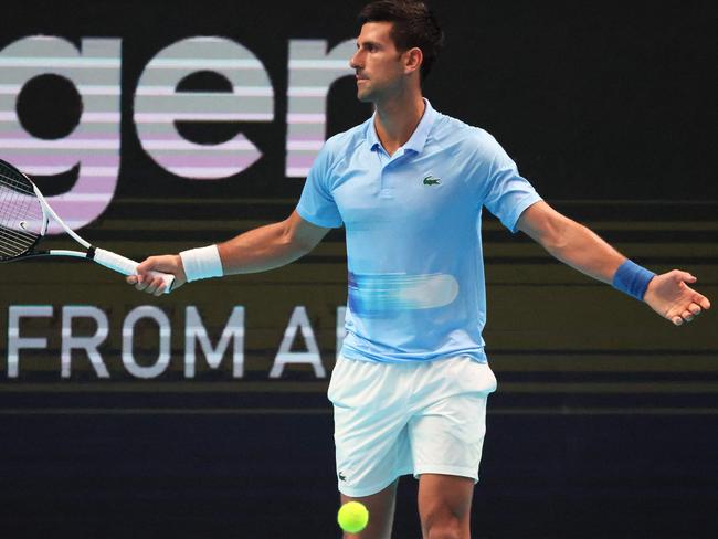 Serbia's Novak Djokovic reacts during his match with Croatia's Marin Cilic during the men's singles final tennis match at the Tel Aviv Watergen Open 2022 in Israel on October 1, 2022. (Photo by JACK GUEZ / AFP)