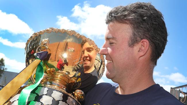 Jade Sheedy with the 2021 Thomas Seymour Hill premiership cup after leading Woodville-West Torrens to its second consecutive SANFL flag. Picture Dean Martin