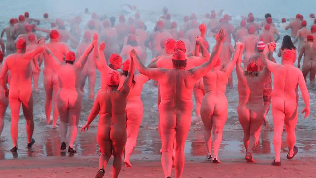 Dark Mofo 2023 Nude Solstice Swim at Long Beach Sandy Bay. Picture: Nikki Davis-Jones