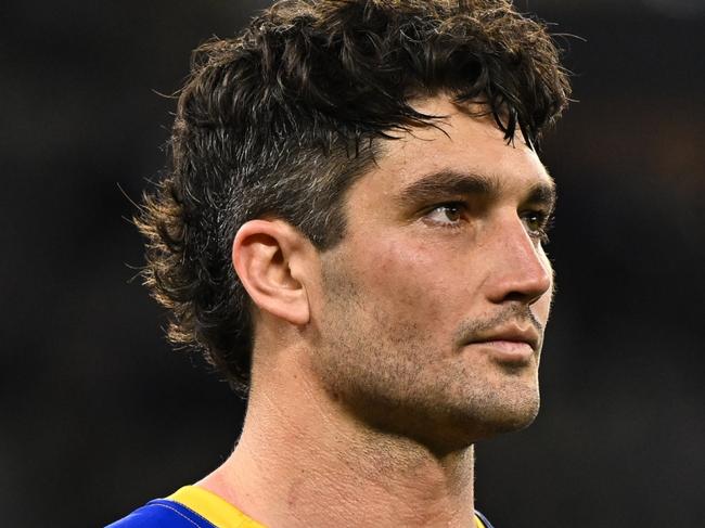 PERTH, AUSTRALIA - JULY 27: Tom Barrass of the Eagles looks on after the loss during the 2024 AFL Round 20 match between the Fremantle Dockers and the West Coast Eagles at Optus Stadium on July 27, 2024 in Perth, Australia. (Photo by Daniel Carson/AFL Photos via Getty Images)