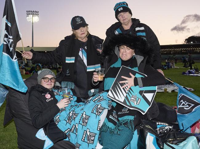 Janelle Osborne-Newell, Theresa Frith, Lola Pates, 15, and Nikki Osborne at Alberton Oval, during the Port Adelaide vs Sydney AFL match, Friday, Sept. 20, 2024. Picture: Matt Loxton [0412503380]