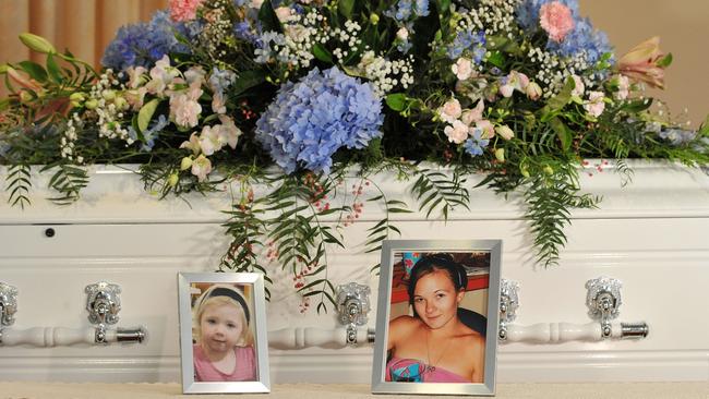 Reunited at last — the casket of Khandalyce Pearce and her mother Karlie Pearce-Stevenson at their funeral at Alice Springs Desert Life Church on December 11, 2015.