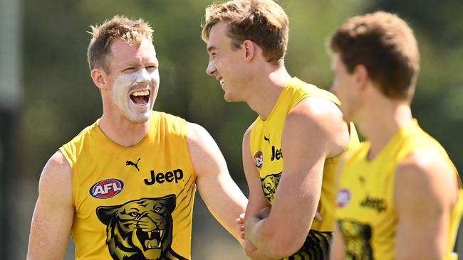 Jack Riewoldt was all smiles at Richmond training on Tuesday. Picture: Quinn Rooney/Getty Images