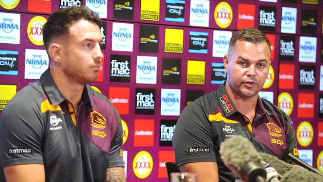 New Brisbane Bronco's coach Anthony Seibold with Darius Boyd at the press conference at the Clive Berghofer centre after the termination of Wayne Bennett's contract. Monday December 3, 2018. (AAP image, John Gass)