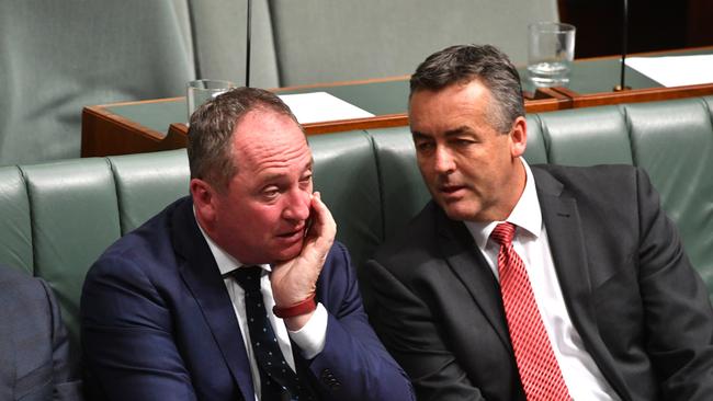 Deputy Prime Minister Barnaby Joyce and Minister for Infrastructure Darren Chester during Question Time in the House of Representatives at Parliament House in Canberra, Tuesday, October 24, 2017. (AAP Image/Mick Tsikas) NO ARCHIVING