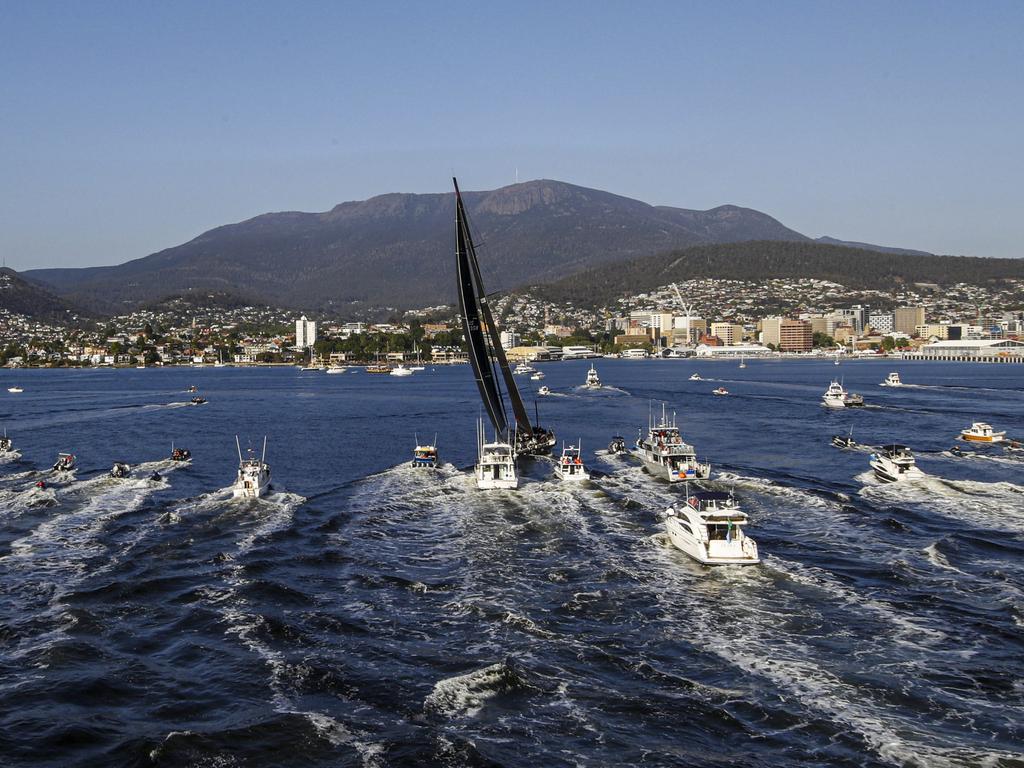 Comanche arriving in Hobart to claim line honours victory at the 2019 Sydney-Hobart. Picture: CARLO BORLENGHI/ROLEX