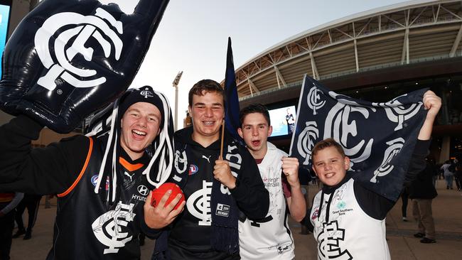 Young Carlton fans from Melbourne in Adelaide for Gather Round. Pic: Michael Klein