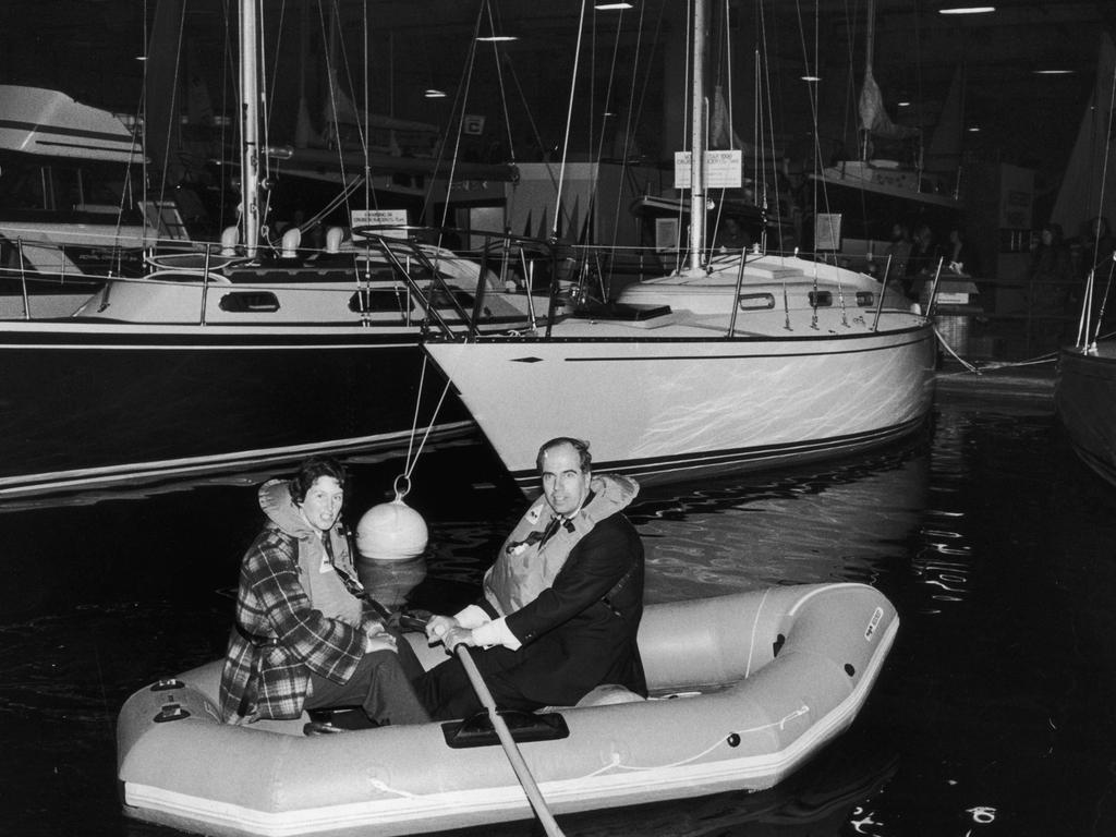 January 1974: Maurice and Maralyn Bailey, who survived four months adrift in a rubber dinghy after their yacht sank in the Pacific Ocean, relive their ordeal at the London Boat Show. Picture: Les Lee/Express/Getty Images