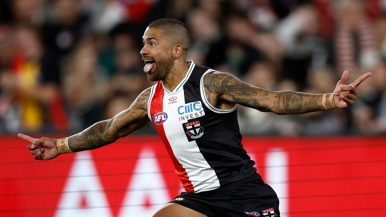 Brad Hill celebrates his first-quarter goal. (Photo by Michael Willson/AFL Photos via Getty Images)