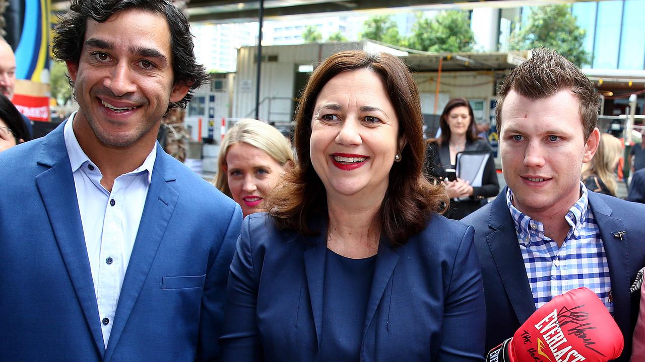 Premier Annastacia Palaszczuk with NRL legend Johnathan Thurston and boxer Jeff Horn in May 2019. Picture: Adam Head