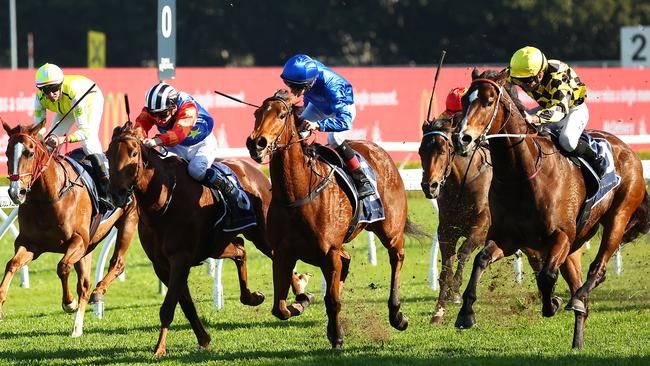 Remarque (yellow) proves too good for In Secret and Bella Nipotina in the Concorde Stakes at Randwick. Picture: Jeremy Ng–Getty Images)