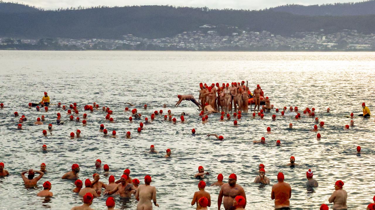 The winter solstice swim was one of the remaining iconic events of Dark Mofo this year. Picture: NewsWire/Minch Media