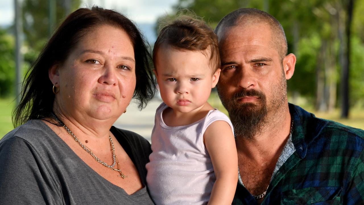 Trudie Cox and her partner Gordon Cahill, with daughter Kaelee, 1, are facing homelessness and are struggling to find a place to call home. Picture: Evan Morgan