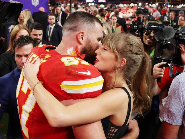 Taylor Swift celebrates with partner Travis Kelce after the Super Bowl. Picture: Ezra Shaw/Getty Images