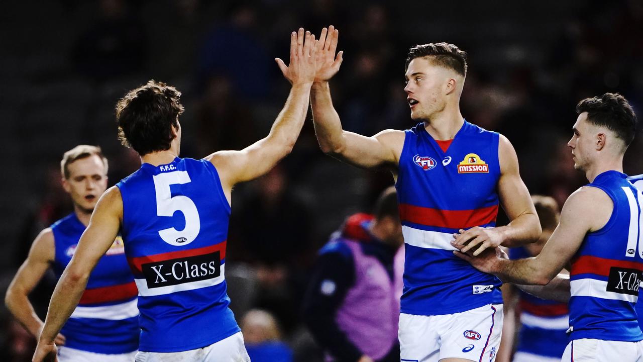 Josh Schache celebrates a goal at Marvel Stadium.