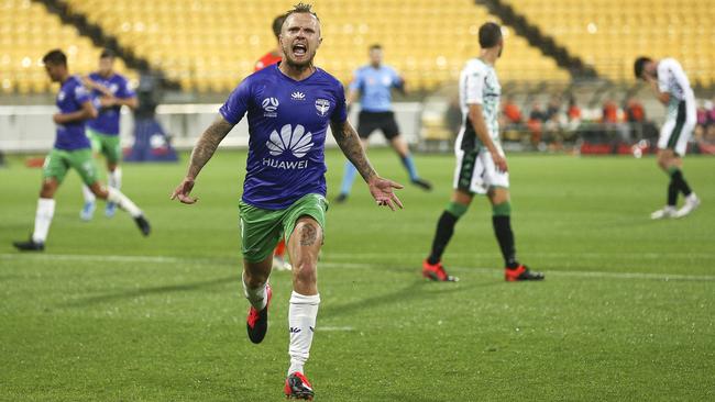 Wellington’s David Ball celebrates scoring the Phoenix’s second goal against Western United at Westpac Stadium. Picture: Getty Images
