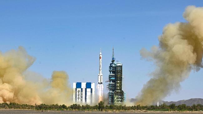 The rocket carrying the Shenzhou-14 mission with three Chinese astronauts lifts off at the Jiuquan Satellite Launch Center in northwest China’s Gansu Province on June 5, 2022. Picture: AFP/China OUT