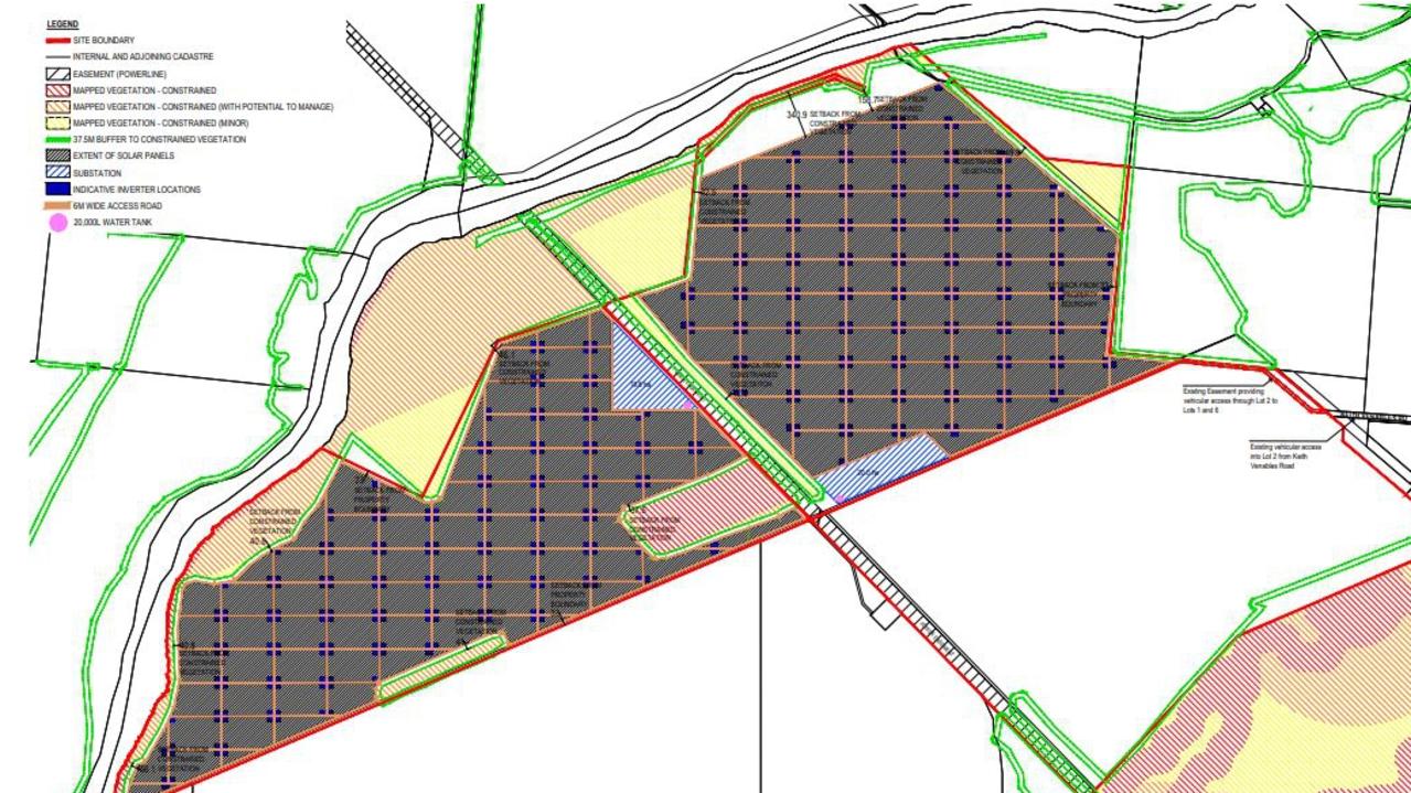 The Burdekin Shire Council's mapping of where the solar farm infrastructure would be alongside the Haughton River, with the darker area showing where the panels would be. The light blue zones show where the substations will be constructed. Picture: Burdekin Shire Council.