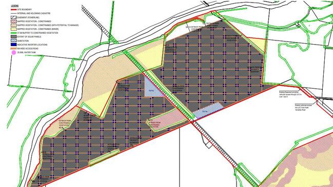 The Burdekin Shire Council's mapping of where the solar farm infrastructure would be alongside the Haughton River, with the darker area showing where the panels would be. The light blue zones show where the substations will be constructed. Picture: Burdekin Shire Council.