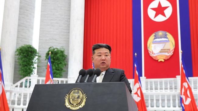 North Korean leader Kim Jong Un delivers a speech in Pyongyang. Picture: KCNA VIA KNS / AFP