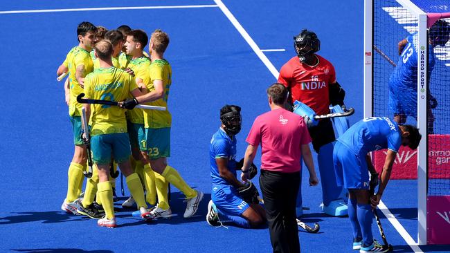 The Kookaburras celebrate one of two Jacob Anderson first-half goals in their rout of India. Picture: Getty Images