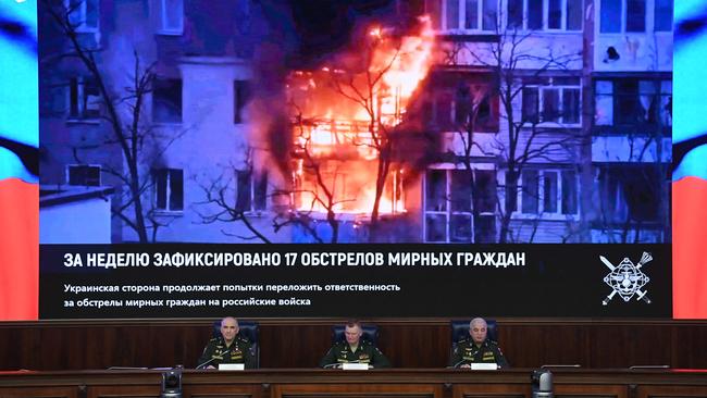 (L-R) Sergei Rudskoi, a senior representative of the General Staff, Defence Ministry spokesman Igor Konashenkov and Mikhail Mizintsev, head of the Russian National Defence Control Centre. Picture: AFP