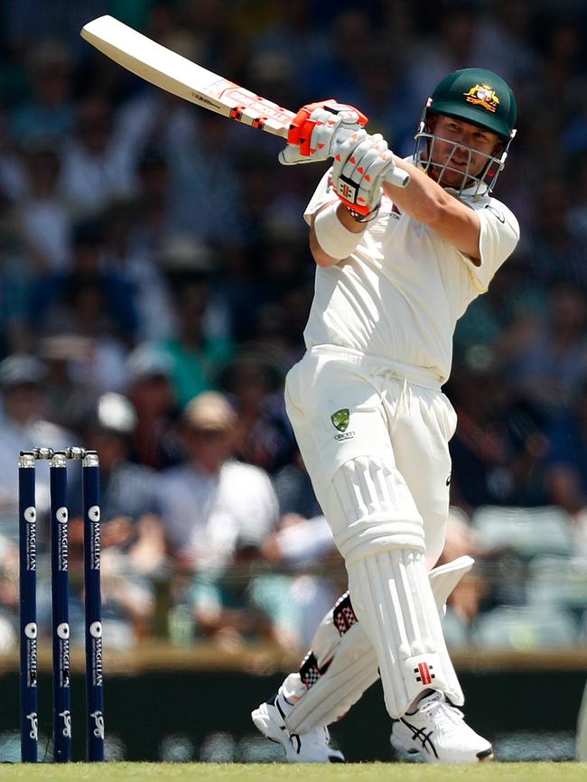 David Warner smashes one square in Australia’s first innings. Photo: Getty Images