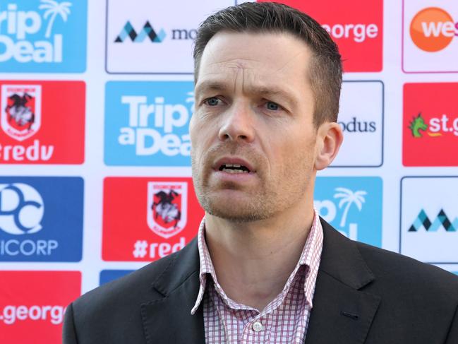 St George Illawarra CEO, Ryan Webb announcing coach, Paul McGregorÃ&#149;s departure as head coach of the club at WIN Stadium Thursday August 13, 2020. (DAILY TELEGRAPH/Simon Bullard)