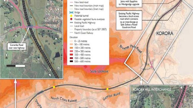 The north and western sections of the proposed Coffs Harbour bypass route as it appears on the RMS website.