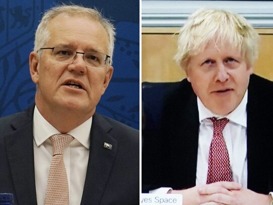 Prime Minister Scott Morrison holds a virtual tele conference with UK Prime Minster Boris Johnson at Parliament House on February 17, 2022. Picture: Adam Taylor via NCA NewsWire