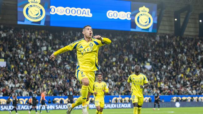 Cristiano Ronaldo scored his first goal as a 40-year-old. (Photo by Abdullah Ahmed/Getty Images)