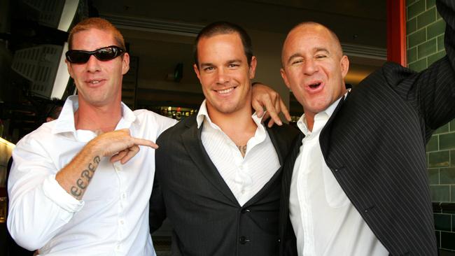 Koby Abberton (centre) pictured with brothers Jai (left) and Sunny celebrate at the Maroubra Bay Hotel in Sydney after he received a suspended sentence for perverting the course of justice Picture: News Corp