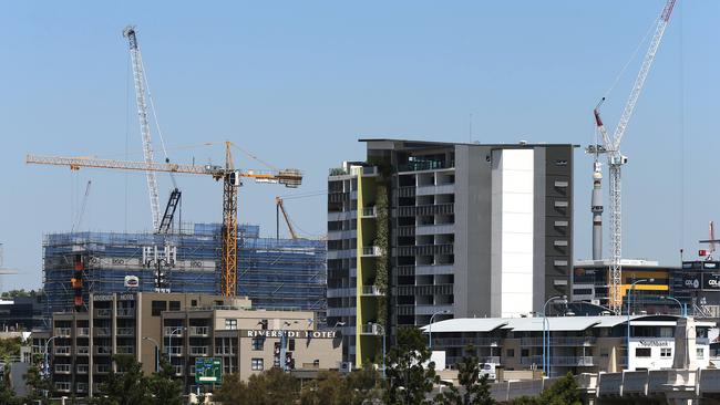 views of cranes building high rise apartment blocks on the South Brisbane skyline.