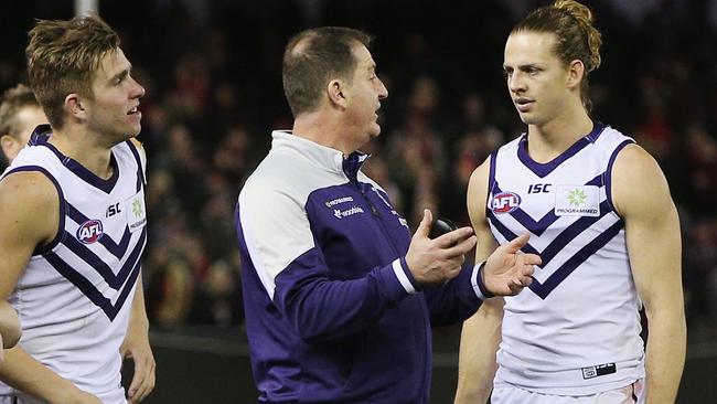 Ross Lyon and Nat Fyfe met with Jesse Hogan last year. Picture: Getty Images