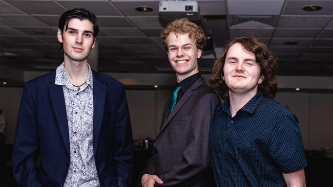 Hobart College leavers dinner 2022 Brendon Sims, Tobias Di Pretoro, and Connor Perryman Picture: Linda Higginson