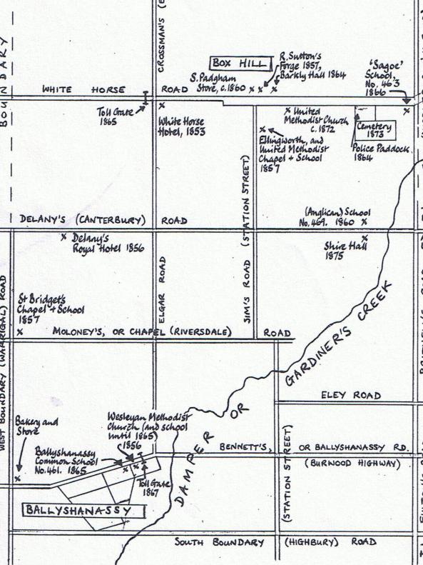 Map from 1870 showing the suburb of Ballyshanassy, which is now Burwood.