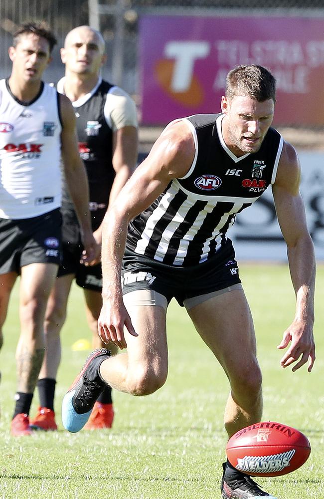 Brad Ebert wearing Port Adelaide’s ‘prison bar’ jumper at Alberton. Picture SARAH REED