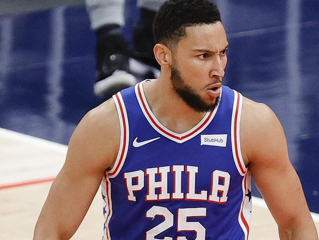 WASHINGTON, DC - MAY 31: Ben Simmons #25 of the Philadelphia 76ers celebrates during the first quarter against the Washington Wizards during Game Four of the Eastern Conference first round series at Capital One Arena on May 31, 2021 in Washington, DC. NOTE TO USER: User expressly acknowledges and agrees that, by downloading and or using this photograph, User is consenting to the terms and conditions of the Getty Images License Agreement.   Tim Nwachukwu/Getty Images/AFP == FOR NEWSPAPERS, INTERNET, TELCOS & TELEVISION USE ONLY ==