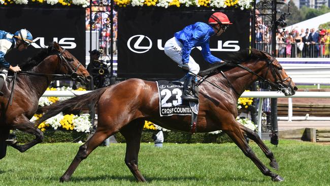 Kerrin McEvoy wins the Melbourne Cup riding Cross Counter. Picture: Vince Caligiuri/Getty Images