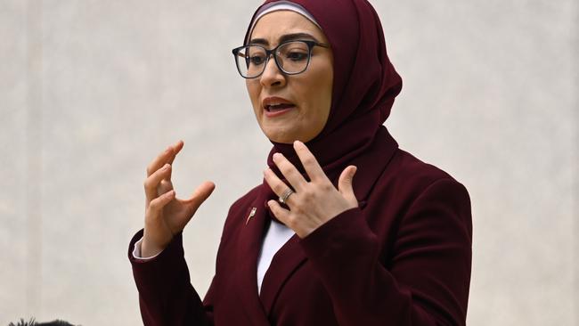 Senator Fatima Payman addresses the media during a press conference at Parliament House on Wednesday. Picture: NewsWire / Martin Ollman