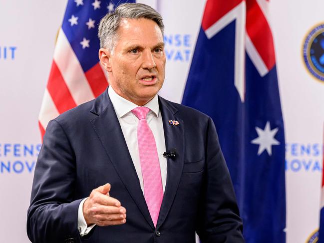 Australian Defense Minister Richard Marles speaks during a joint press conference with the US Defense Secretary and the British Defense Secretary during the AUKUS Defense Ministerial Meeting in Mountain View, California, on December 1, 2023. (Photo by JOSH EDELSON / AFP)